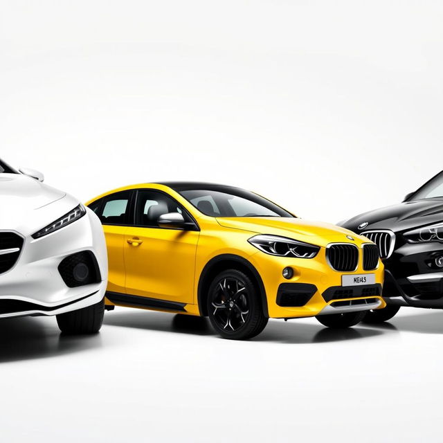 A sleek Mercedes Classe A 200 in a shiny white finish, a bright yellow Renault Megane with sporty contours, and a stylish black BMW X3, all elegantly parked diagonally against a smooth white background