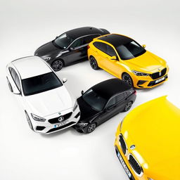 A sleek Mercedes Classe A 200 in a shiny white finish, a bright yellow Renault Megane with sporty contours, and a stylish black BMW X3, all elegantly parked diagonally against a smooth white background