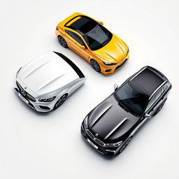 A sleek Mercedes Classe A 200 in a shiny white finish, a bright yellow Renault Megane with sporty contours, and a stylish black BMW X3, all elegantly parked diagonally against a smooth white background