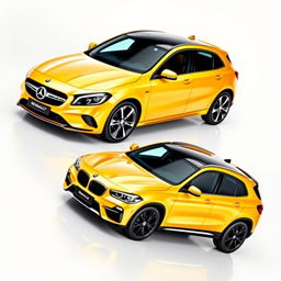 A sleek Mercedes Classe A 200 in a shiny white finish, a bright yellow Renault Megane with sporty contours, and a stylish black BMW X3, all elegantly parked diagonally against a smooth white background