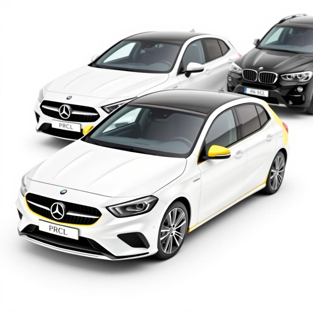 A sleek Mercedes Classe A 200 in a pristine white finish, a bold Renault Megane in a vibrant yellow finish, and a powerful BMW X3 in an elegant black color, all parked together, showcasing their distinct styles and modern designs