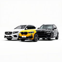 A sleek Mercedes Classe A 200 in a pristine white finish, a bold Renault Megane in a vibrant yellow finish, and a powerful BMW X3 in an elegant black color, all parked together, showcasing their distinct styles and modern designs