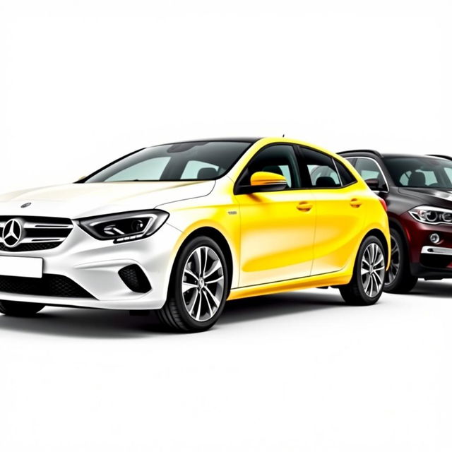 A sleek Mercedes Classe A 200 in a pristine white finish, a bold Renault Megane in a vibrant yellow finish, and a powerful BMW X3 in an elegant black color, all parked together, showcasing their distinct styles and modern designs