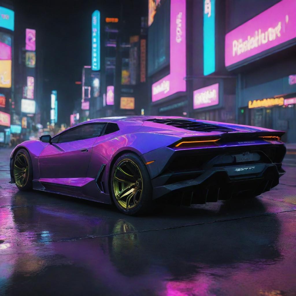 A Lamborghini-inspired futuristic car featured in the Cyberpunk 2077 universe, sleek, aerodynamic, fitted with advanced tech and illuminated by multi-colored neon city lights of Night City