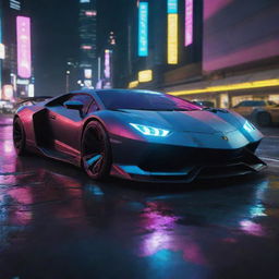 A Lamborghini-inspired futuristic car featured in the Cyberpunk 2077 universe, sleek, aerodynamic, fitted with advanced tech and illuminated by multi-colored neon city lights of Night City