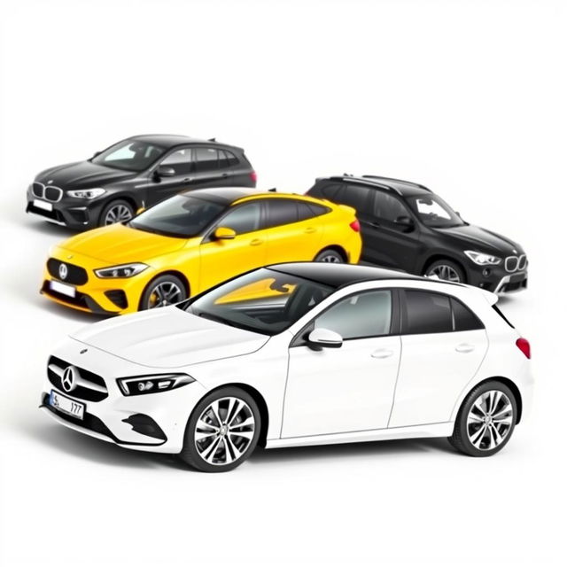 A sleek Mercedes Classe A 200 in a pristine white finish, a vibrant yellow Renault Megane, and a bold black BMW X3, all parked diagonally on a smooth white background