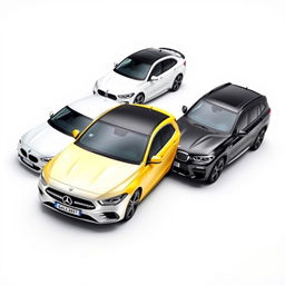 A sleek Mercedes Classe A 200 in a pristine white finish, a vibrant yellow Renault Megane, and a bold black BMW X3, all parked diagonally on a smooth white background