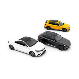 A sleek Mercedes Classe A 200 in a pristine white finish, a vibrant yellow Renault Megane, and a bold black BMW X3, all parked diagonally on a smooth white background
