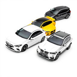 A sleek Mercedes Classe A 200 in a pristine white finish, a vibrant yellow Renault Megane, and a bold black BMW X3, all parked diagonally on a smooth white background