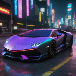 A Lamborghini-inspired futuristic car featured in the Cyberpunk 2077 universe, sleek, aerodynamic, fitted with advanced tech and illuminated by multi-colored neon city lights of Night City