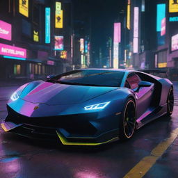 A Lamborghini-inspired futuristic car featured in the Cyberpunk 2077 universe, sleek, aerodynamic, fitted with advanced tech and illuminated by multi-colored neon city lights of Night City