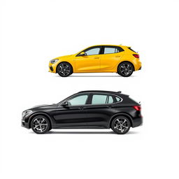 A vibrant yellow Renault Megane and a sleek black BMW X3, both parked diagonally against a smooth white background