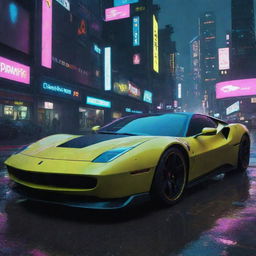 Imagine a Ferrari-esque vehicle in the dystopian world of Cyberpunk 2077, boasting a slick body, neon accents, speeding through the rain-soaked, neon-lit streets of Night City