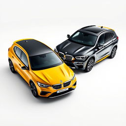 A vibrant yellow Renault Megane and a sleek black BMW X3, both parked diagonally against a smooth white background