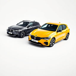 A vibrant yellow Renault Megane and a sleek black BMW X3, both parked diagonally against a smooth white background