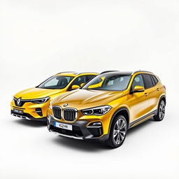 A vibrant yellow Renault Megane and a sleek black BMW X3, both parked diagonally against a smooth white background