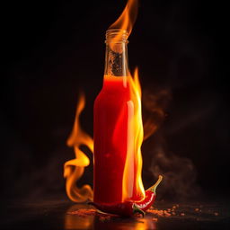 A captivating and intense image of fiery hot sauce in a glass bottle, flames dancing around the bottle, the sauce glowing with a vibrant red color