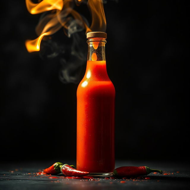 A captivating and intense image of fiery hot sauce in a glass bottle, flames dancing around the bottle, the sauce glowing with a vibrant red color