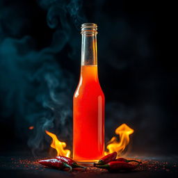 A captivating and intense image of fiery hot sauce in a glass bottle, flames dancing around the bottle, the sauce glowing with a vibrant red color