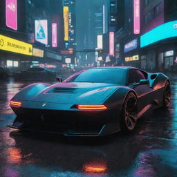 Imagine a Ferrari-esque vehicle in the dystopian world of Cyberpunk 2077, boasting a slick body, neon accents, speeding through the rain-soaked, neon-lit streets of Night City