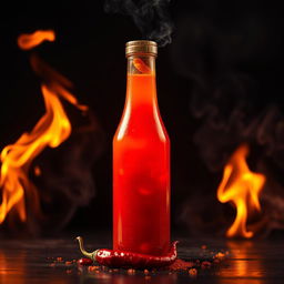A captivating and intense image of fiery hot sauce in a glass bottle, flames dancing around the bottle, the sauce glowing with a vibrant red color