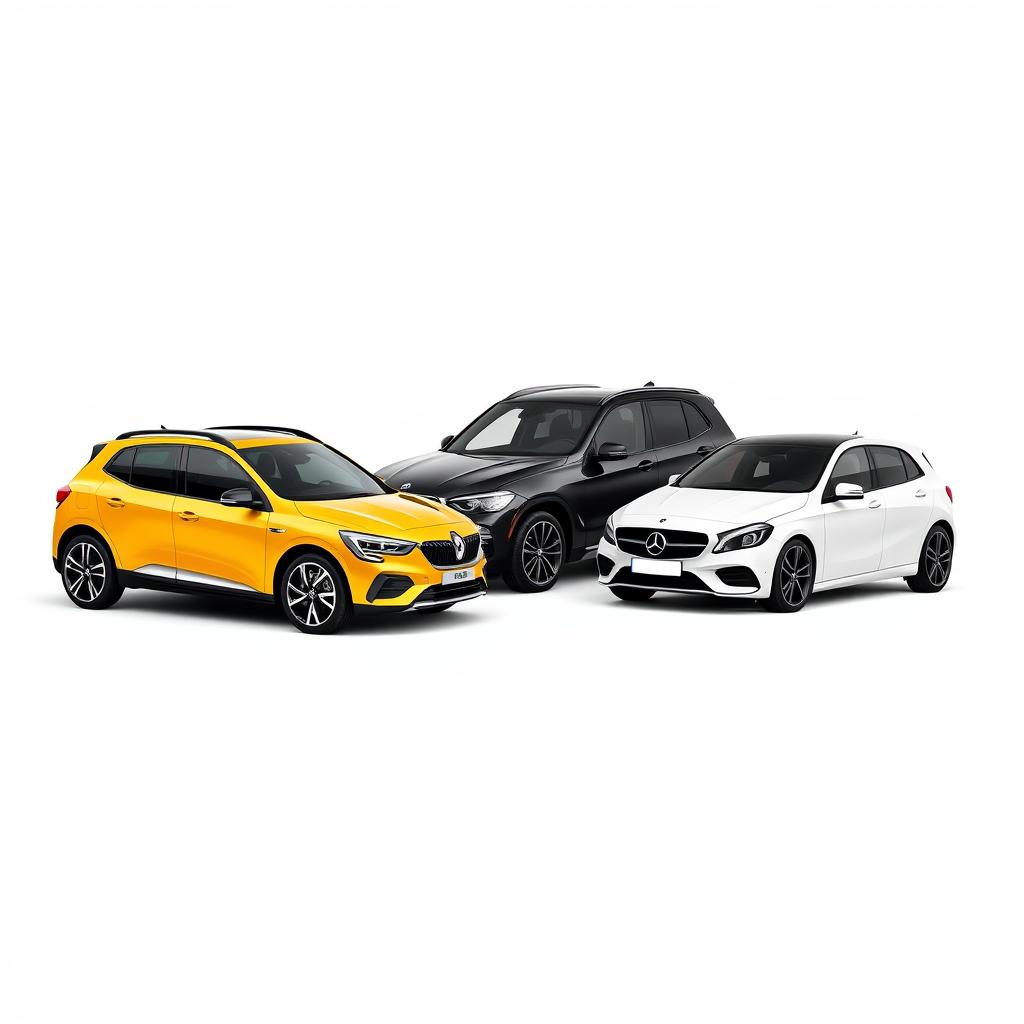 A sleek yellow Renault Megane, a powerful black BMW X3, and a stylish white Mercedes A200, all parked diagonally on a smooth white background