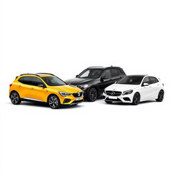 A sleek yellow Renault Megane, a powerful black BMW X3, and a stylish white Mercedes A200, all parked diagonally on a smooth white background