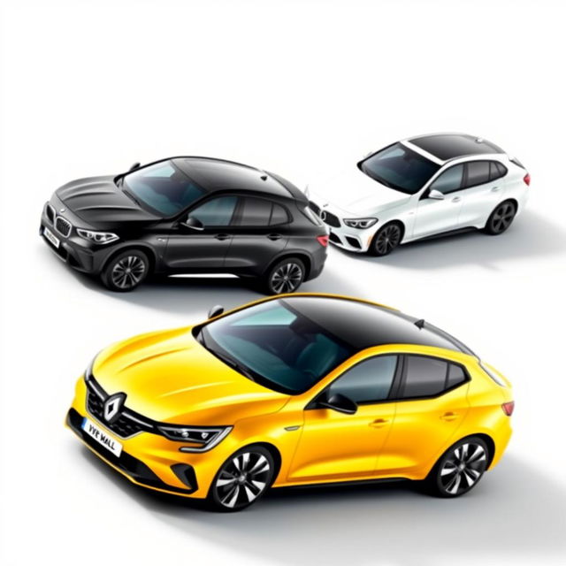 A sleek yellow Renault Megane, a powerful black BMW X3, and a stylish white Mercedes A200, all parked diagonally on a smooth white background