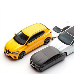 A sleek yellow Renault Megane, a powerful black BMW X3, and a stylish white Mercedes A200, all parked diagonally on a smooth white background