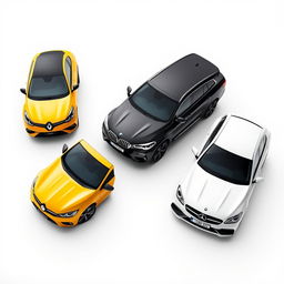 A sleek yellow Renault Megane, a powerful black BMW X3, and a stylish white Mercedes A200, all parked diagonally on a smooth white background
