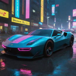 Imagine a Ferrari-esque vehicle in the dystopian world of Cyberpunk 2077, boasting a slick body, neon accents, speeding through the rain-soaked, neon-lit streets of Night City