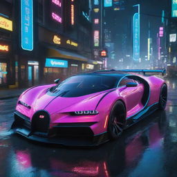 A Bugatti inspired futuristic vehicle set in the universe of Cyberpunk 2077, showcasing sleek aerodynamic lines, high-tech features, emitting a luminous glow among the vibrant neon lights of Night City