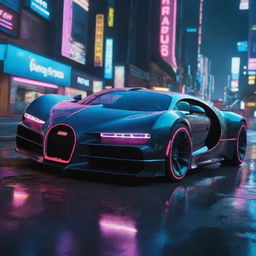 A Bugatti inspired futuristic vehicle set in the universe of Cyberpunk 2077, showcasing sleek aerodynamic lines, high-tech features, emitting a luminous glow among the vibrant neon lights of Night City