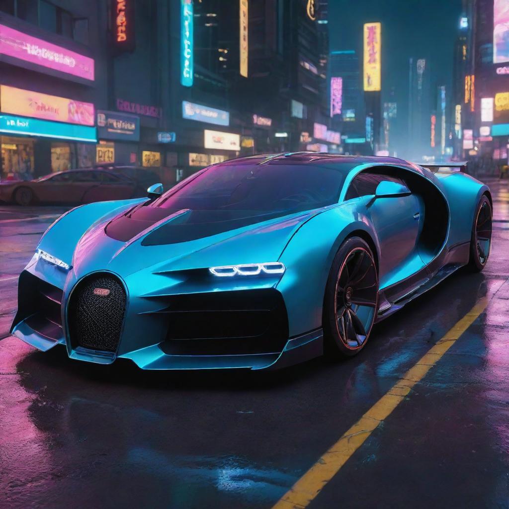 A Bugatti inspired futuristic vehicle set in the universe of Cyberpunk 2077, showcasing sleek aerodynamic lines, high-tech features, emitting a luminous glow among the vibrant neon lights of Night City