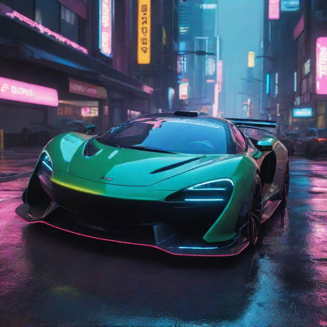 Picturize a McLaren-influenced supercar in the Cyberpunk 2077 world, futuristic, sleek, with neon highlights and intricate tech, speeding down a neon-infused, rain-slicked street of Night City