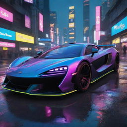 Picturize a McLaren-influenced supercar in the Cyberpunk 2077 world, futuristic, sleek, with neon highlights and intricate tech, speeding down a neon-infused, rain-slicked street of Night City