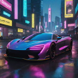 Picturize a McLaren-influenced supercar in the Cyberpunk 2077 world, futuristic, sleek, with neon highlights and intricate tech, speeding down a neon-infused, rain-slicked street of Night City