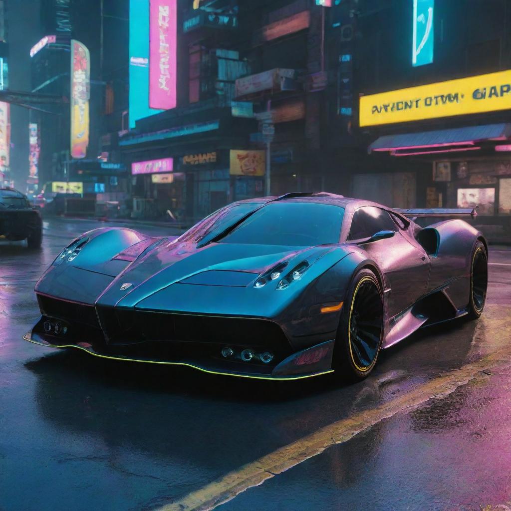 A Pagani-inspired futuristic vehicle in the Cyberpunk 2077 universe, featuring sleek curves, high-tech enhancements, and vibrant neon detailing, zipping through the techno-anarchic landscape of Night City