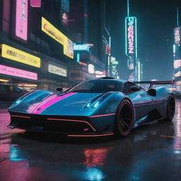 A Pagani-inspired futuristic vehicle in the Cyberpunk 2077 universe, featuring sleek curves, high-tech enhancements, and vibrant neon detailing, zipping through the techno-anarchic landscape of Night City