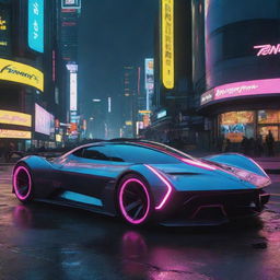 A Pagani-inspired futuristic vehicle in the Cyberpunk 2077 universe, featuring sleek curves, high-tech enhancements, and vibrant neon detailing, zipping through the techno-anarchic landscape of Night City