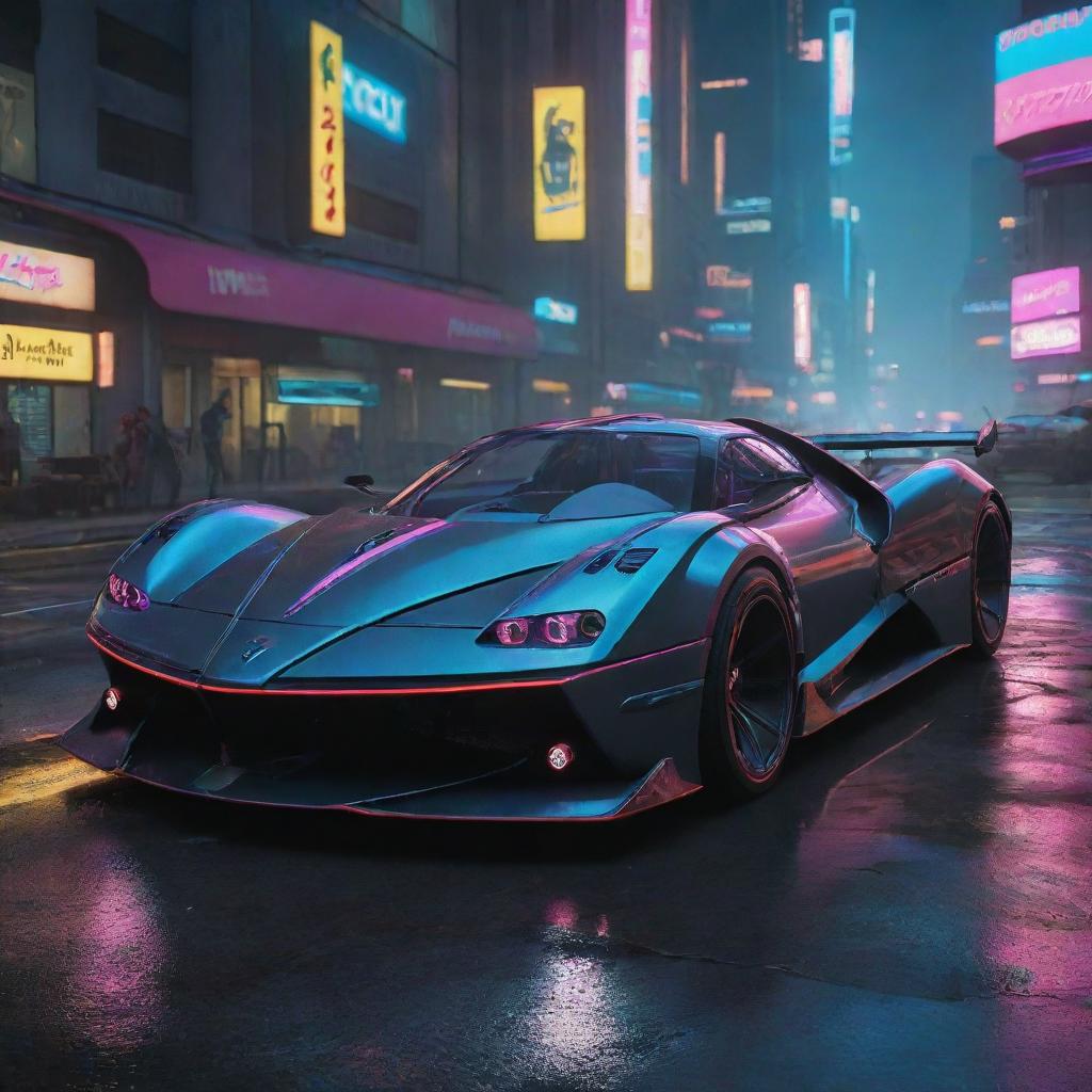 A Pagani-inspired futuristic vehicle in the Cyberpunk 2077 universe, featuring sleek curves, high-tech enhancements, and vibrant neon detailing, zipping through the techno-anarchic landscape of Night City