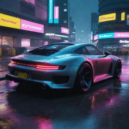 Imagine a Porsche-styled vehicle in Cyberpunk 2077, embodying futuristic aesthetics, lit by neon highlights, darting around in the rain-drenched, neon-soaked scenery of Night City