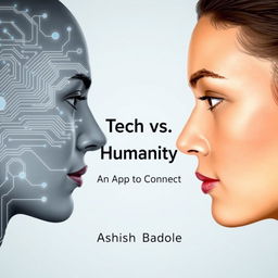 A close-up view of two human faces in profile, gazing toward each other, where one side of each face is intricately designed with tech-like circuitry lines and the other side displays smooth, normal human skin