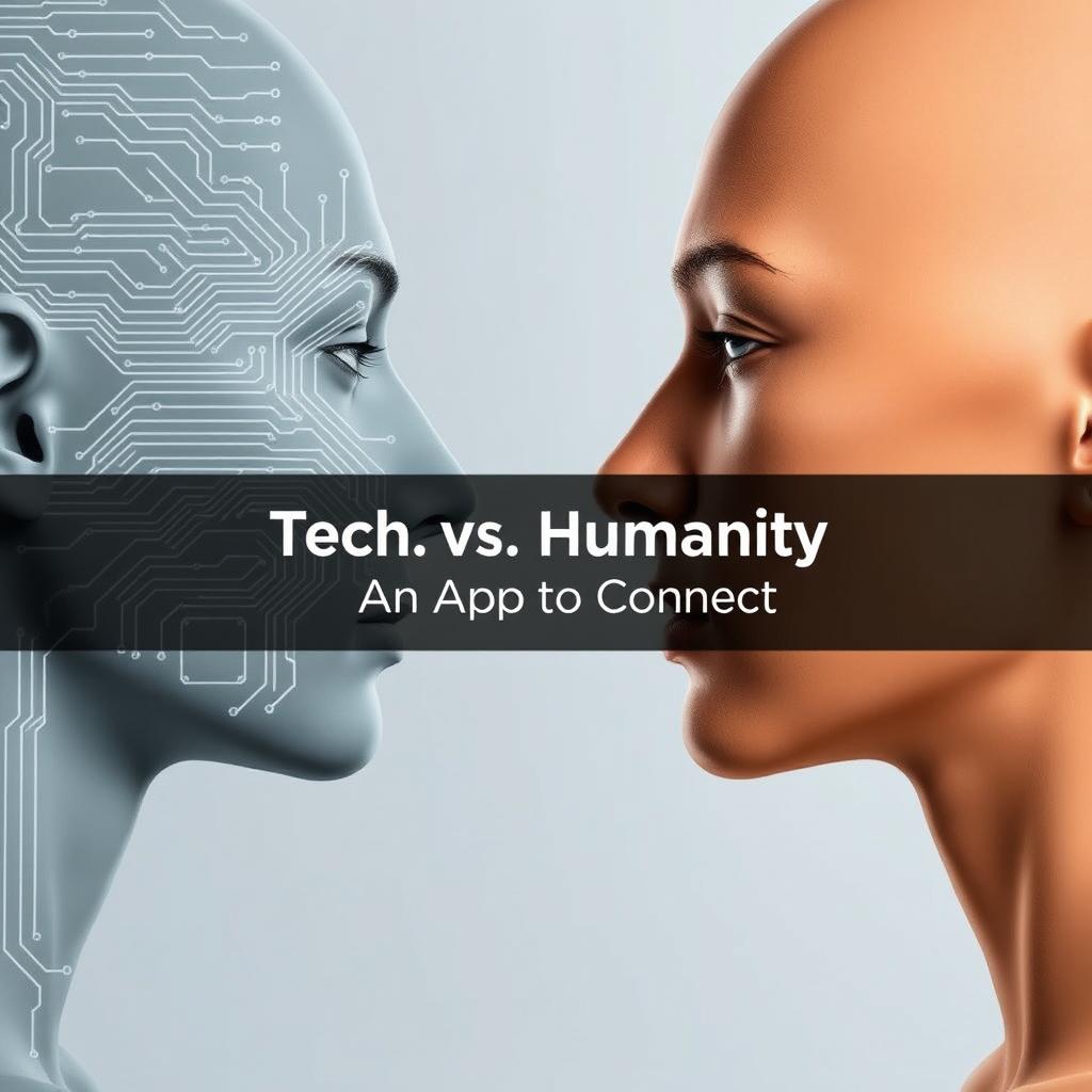 A close-up view of two human faces in profile, gazing toward each other, where one side of each face is intricately designed with tech-like circuitry lines and the other side displays smooth, normal human skin