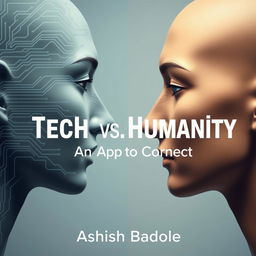 A close-up view of two human faces in profile, gazing toward each other, where one side of each face is intricately designed with tech-like circuitry lines and the other side displays smooth, normal human skin