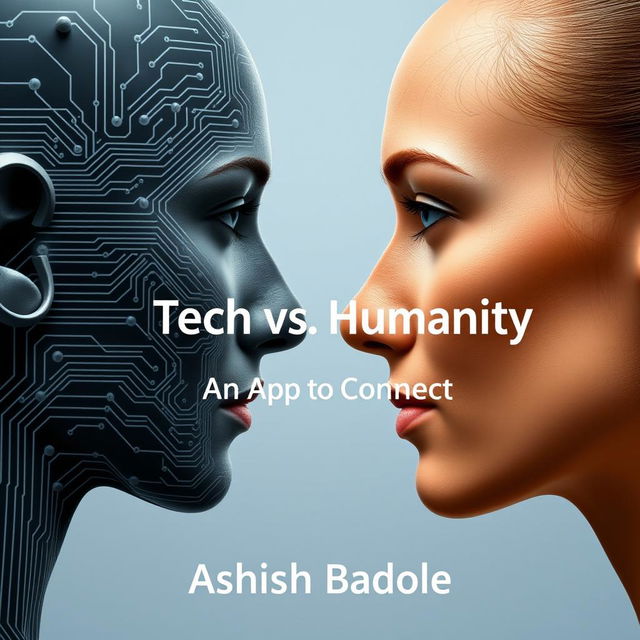 A close-up view of two human faces in profile, gazing toward each other, where one side of each face is intricately designed with tech-like circuitry lines and the other side displays smooth, normal human skin