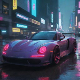 Imagine a Porsche-styled vehicle in Cyberpunk 2077, embodying futuristic aesthetics, lit by neon highlights, darting around in the rain-drenched, neon-soaked scenery of Night City