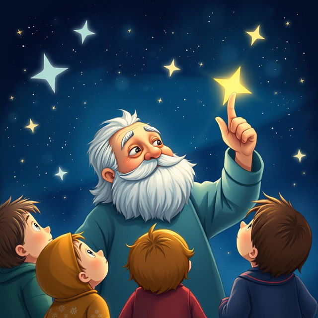 An enchanting illustration of Uncle Moon, an elderly man with a kind face, pointing up at a beautiful, star-filled night sky