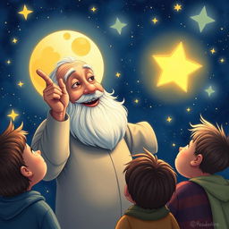 An enchanting illustration of Uncle Moon, an elderly man with a kind face, pointing up at a beautiful, star-filled night sky