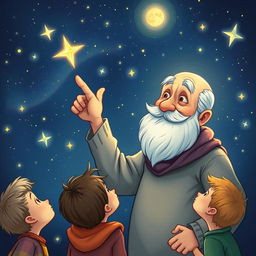 An enchanting illustration of Uncle Moon, an elderly man with a kind face, pointing up at a beautiful, star-filled night sky